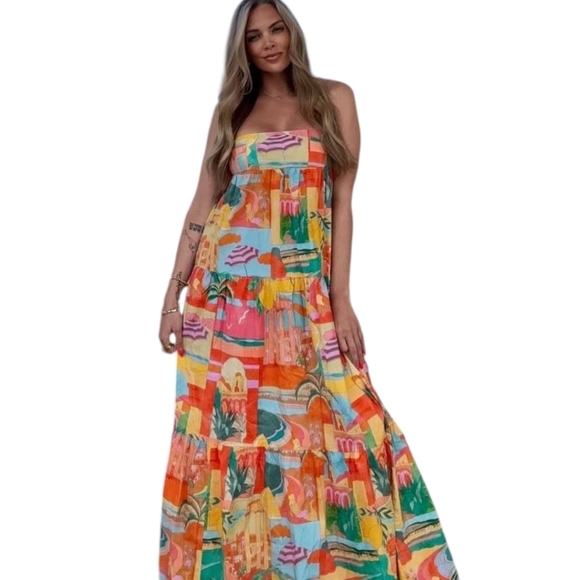 Show Me Your MuMu Multicolor Postcard Maxi Tiered Dress Sz XL - Picture 2 of 14